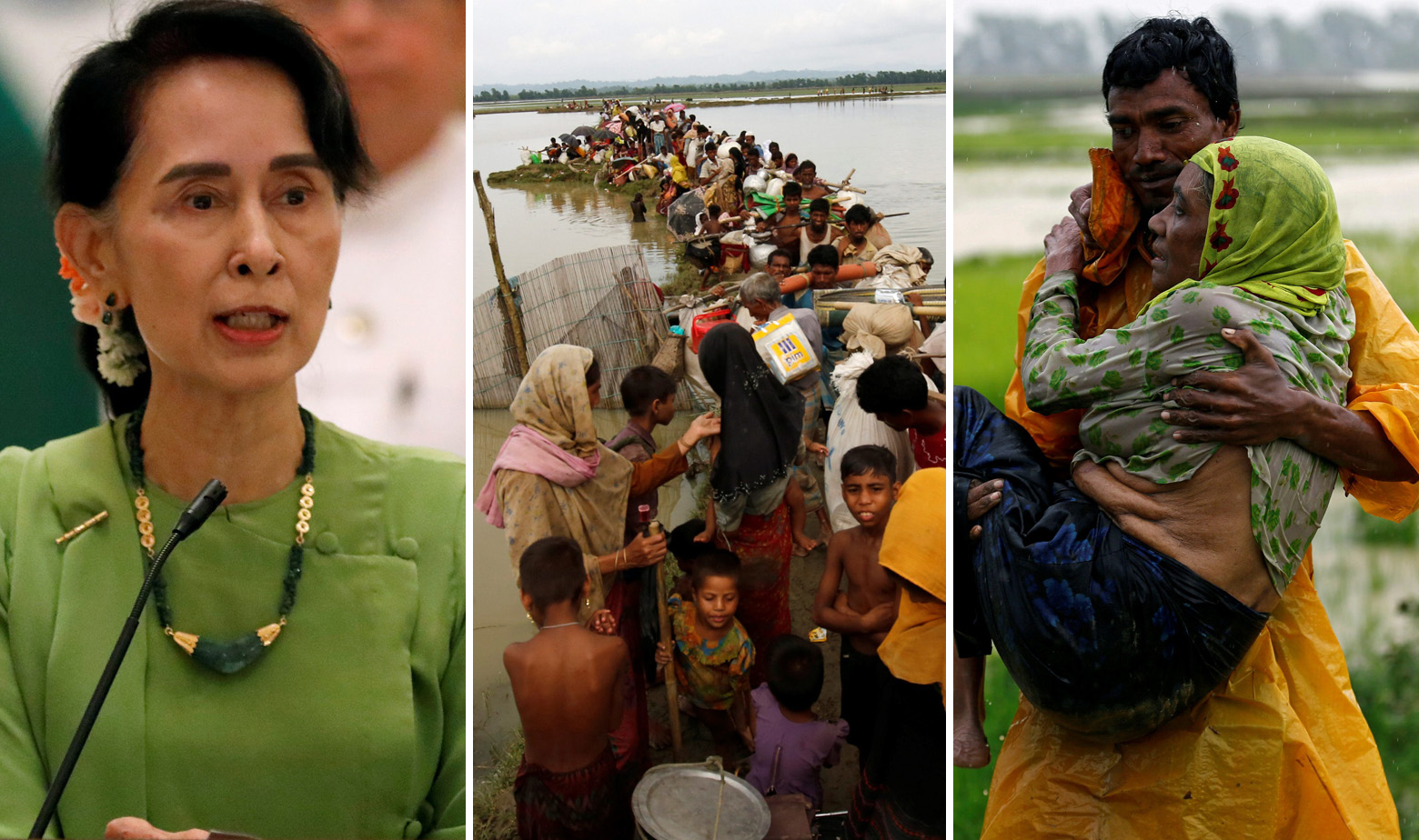 S lijeva na desno: Čelnica Mjanmara i dobitnica Nobelove nagrade za mir Aung San Suu Kyi, Rohinja izbjeglice u Bangladešu  
