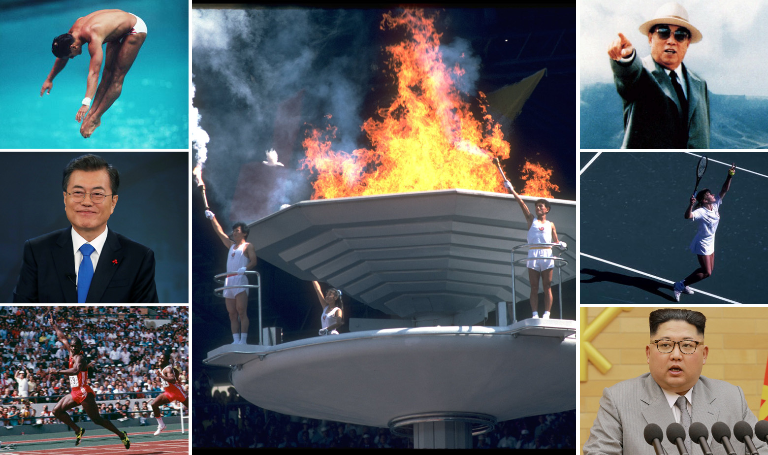 Lijevo, gore prema dolje: Greg Louganis, Moon Jae-in, Ben Johnson. U sredini - ceremonija otvaranja OI u Seulu. Desno, gore prema dolje: Kim Il-sung, Steffi Graf i Kim Jong-un 
