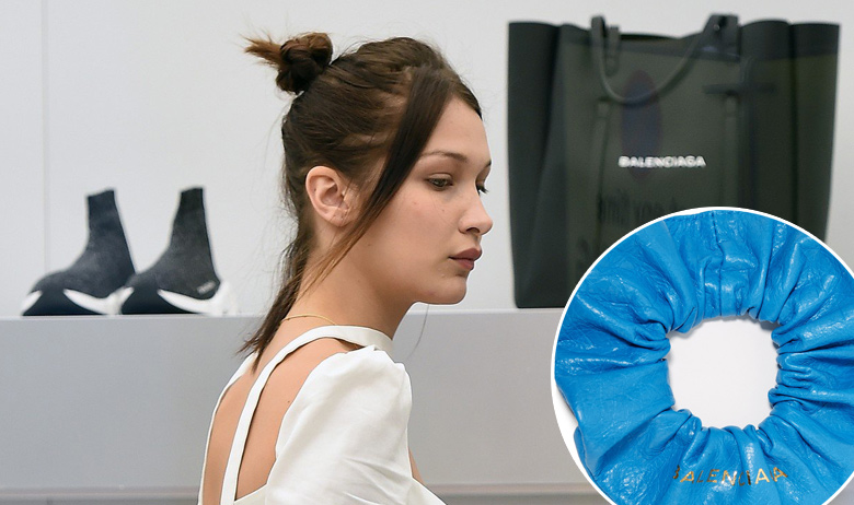 Bella Hadid u Balenciaga trgovini, u krugu: Balenciaga gumica za kosu