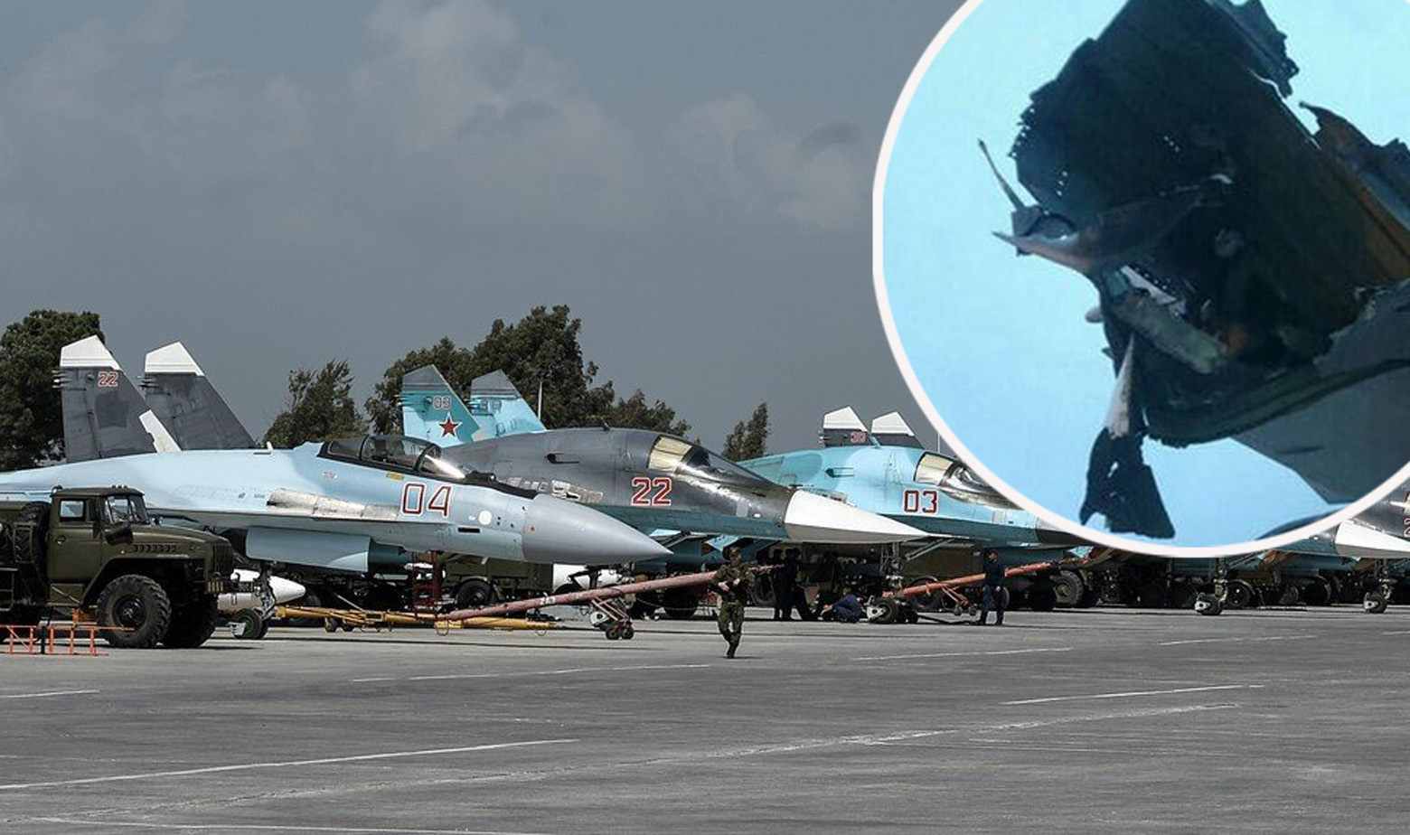 Ruski zrakoplovi u zračnoj bazi Hmeymim u Siriji i dio oštećenog Suhoja Su-24 u krugu