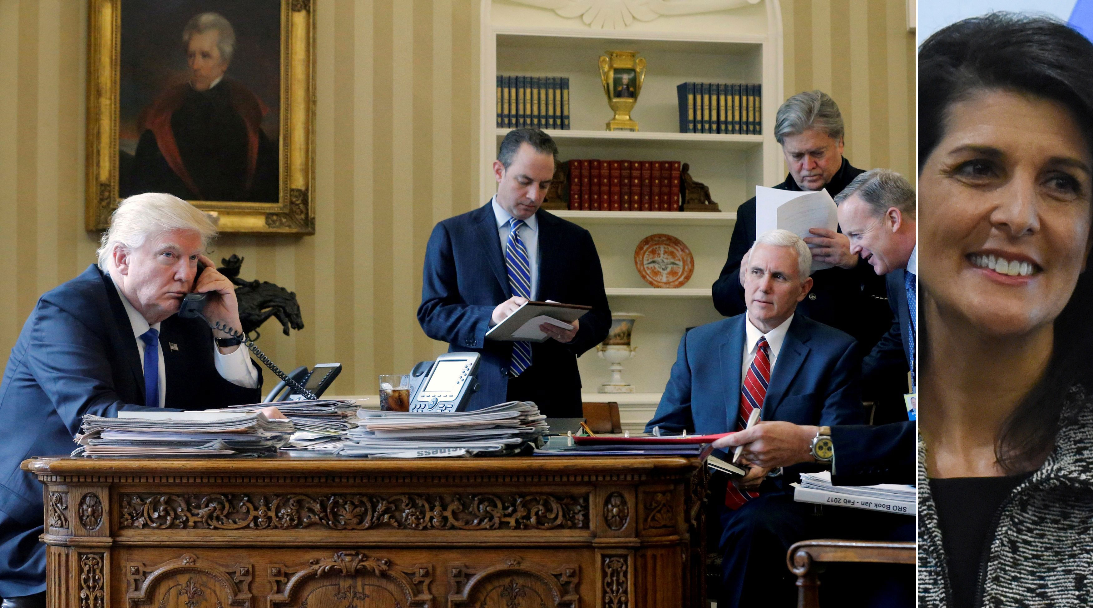 s lijeva na desno: Donald Trump, Reince Priebus, Mike Pence, Steve Bannon i Sean Spicer, Nikki Haley