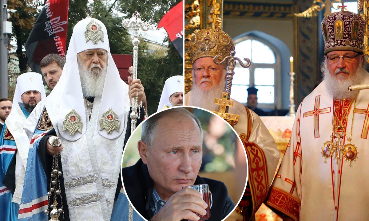 lijevo: mitropolit Filaret; desno: patrijarh Bartolomej i patrijarh Kiril; u krugu: Vladimir Putin