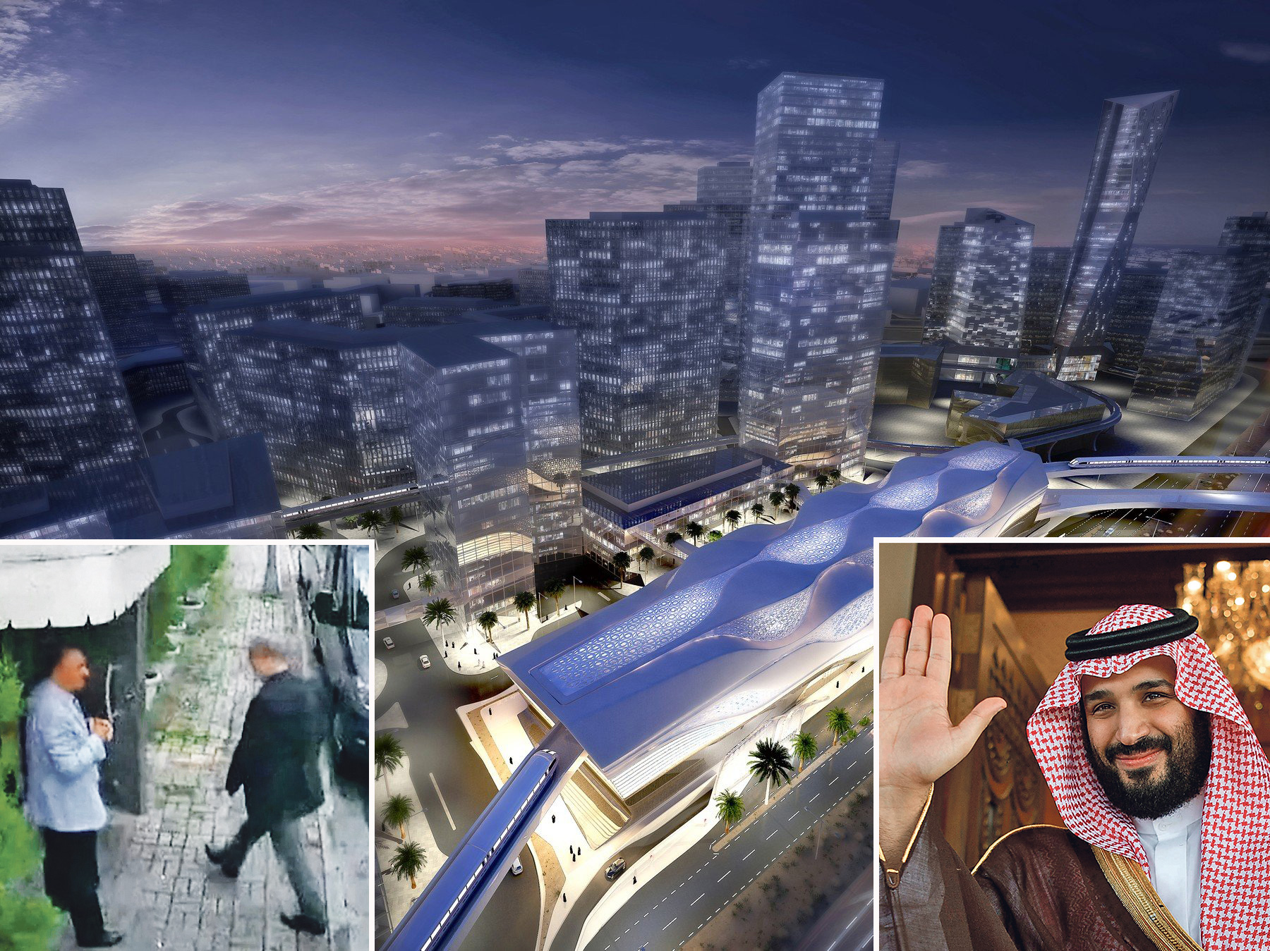 U kutu lijevo: Jamal Khashoggi ulazi saudijski konzulat u Istanbulu; U kutu desno: Princ Mohammed bin Salman; Pozadina: Idejni nacrt najluksuznijeg metroa na svijetu, Rijad