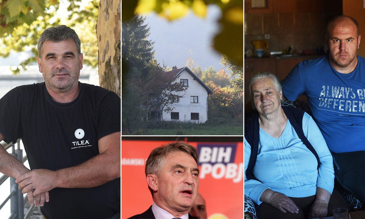 Na fotografiji, s lijeva na desno: Bratić Mladen Komšić, rodna kuća Željka Komšića, bratić Marijan i tetka Anđa Komšić; dolje u sredini: Željko Komšić