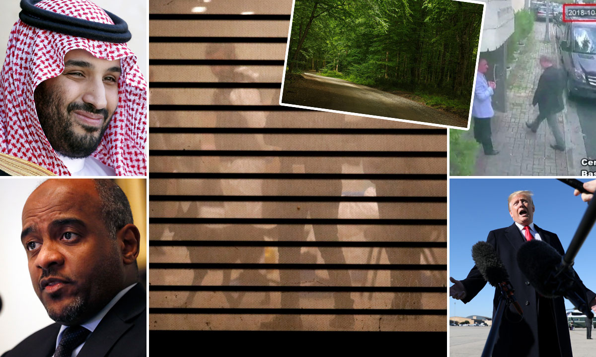 gore lijevo: Mohamed bin Salman; dolje lijevo: Ahmed al-Asiri; velika slika u sredini: turski istražitelji snimljeni kroz prozor saudijskog konzulata u Istanbulu; manja slika u sredini: Beogradska šuma u Istanbulu; gore desno: Jamal Khashoggi na ulasku u konzulat; dolje desno: Donald Trump