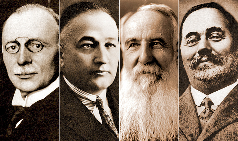 Glavni akteri nastanka prve Jugoslavije: Ante Trumbić (lijevo); Anton Korošec, predsjednik Narodnog vijeća Države SHS (drugi s lijeva); Nikola Pašić, dugogodišnji šef Vlade Kraljevine SHS (drugi s desna); Stjepan Radić, vođa HSS-a, najjače oporbene stranke (desno)