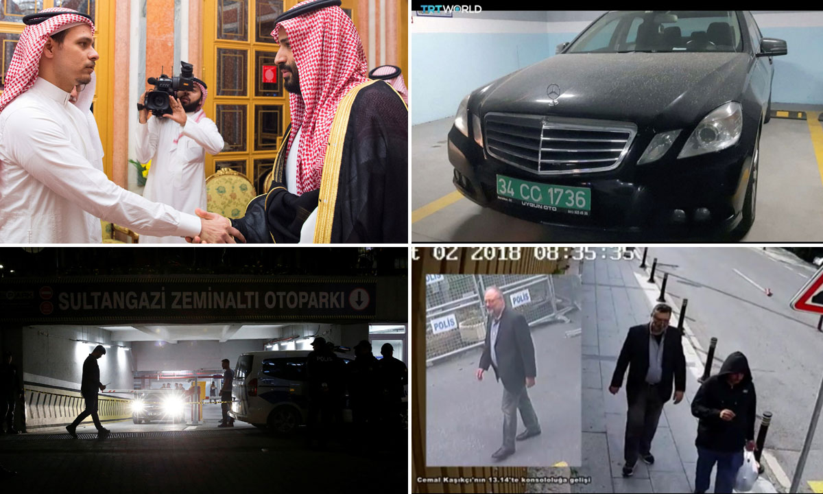 gore lijevo: princ Mohamed bin Salman sastaje se s članovima obitelji Khashoggi; gore desno: automobil u kojem su pronađena dva kovčega; dolje lijevo: garaža u kojoj je pronađen automobil saudijskog konzulata; dolje desno: Jamal Khashoggi i osoba koja se prerušila u njega nakon pokolja u konzulatu