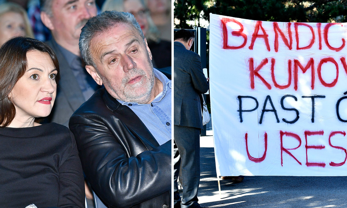Jelena Pavičić Vukičević i Milan Bandić (lijevo), prosvjednici s transparentima (desno)