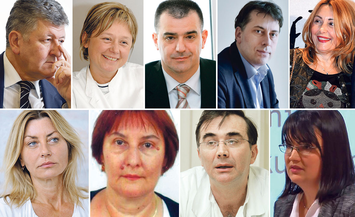 U gornjem redu: prof. dr. sc. Ante Ćorušić, ginekolog i ravnatelj KBC-a Zagreb (ne radi pobačaj), neurologinja prof. dr. sc. Zdravka Poljaković iz KBC-a Zagreb, ginekolog prof. dr. sc. Marko Vulić iz KBC-a Split (ne radi pobačaj), predstojnik Klinike za psihijatriju KBC-a Zagreb Darko Marčinko i Tatjana Turudić, ginekologinja u bolnici Sveti duh u Zagrebu (ne radi pobačaj), u donjem redu: prof. dr. sc. Dinka Pavičić-Baldani bavi se liječenjem neplodnosti, prof. dr. sc. Urelija Rodin iz Hrvatskog zavoda za javno zdravstvo, ginekolog prof. dr. sc. Berivoj Mišković iz bolnice Sveti duh (ne radi pobačaj) i dr. Anica Čulo Margaletić s Katedre za obiteljsko pravo u Zagrebu