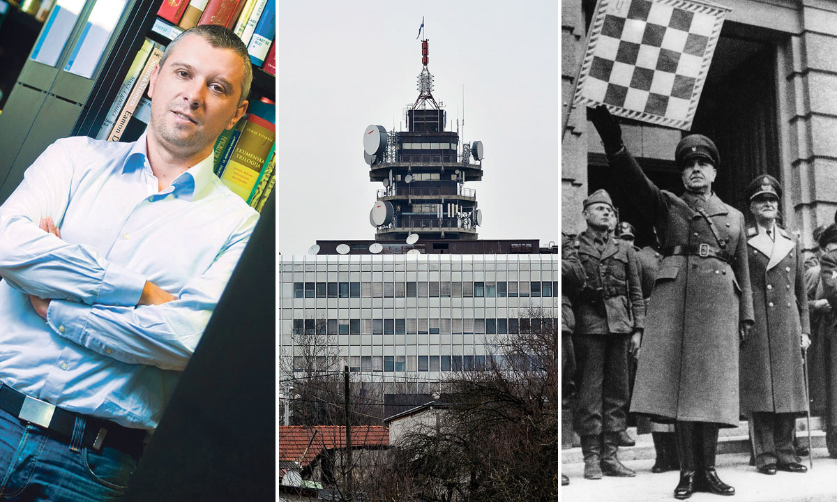 lijevo: Hrvoje Klasić; u sredini: zgrada HRT-a; desno: Ante Pavelić