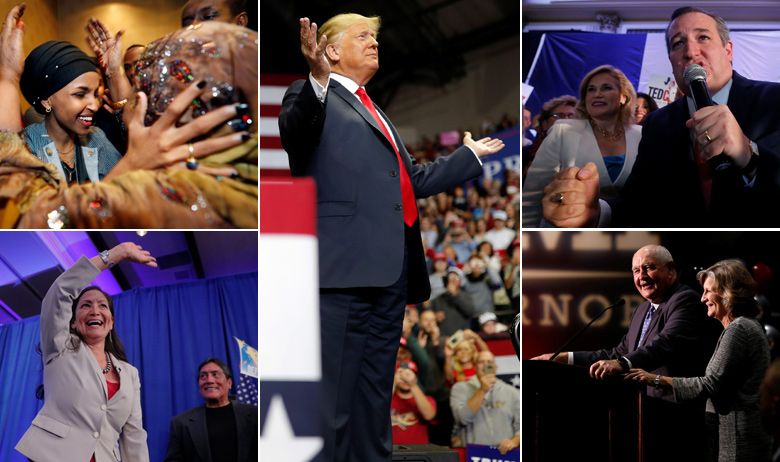 Demokratske kandidatkinje Ilhan Omar (gore lijevo) i Deb Haaland (dolje lijevo); predsjednik SAD-a Donald Trump; republikanci Ted Cruz (gore desno) i Brian Kemp (dolje desno)