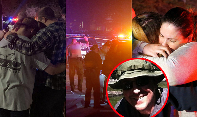 Scene s mjesta krvoprolića, na fotografiji u krugu je ubijeni policajac Ron Helus