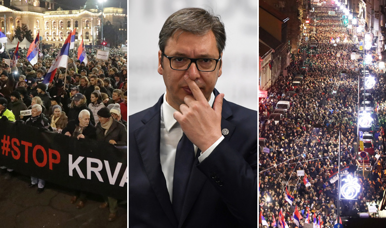 Prosvjedi u Srbiji (L, D); Predsjednik Srbije Aleksandar Vučić (S)