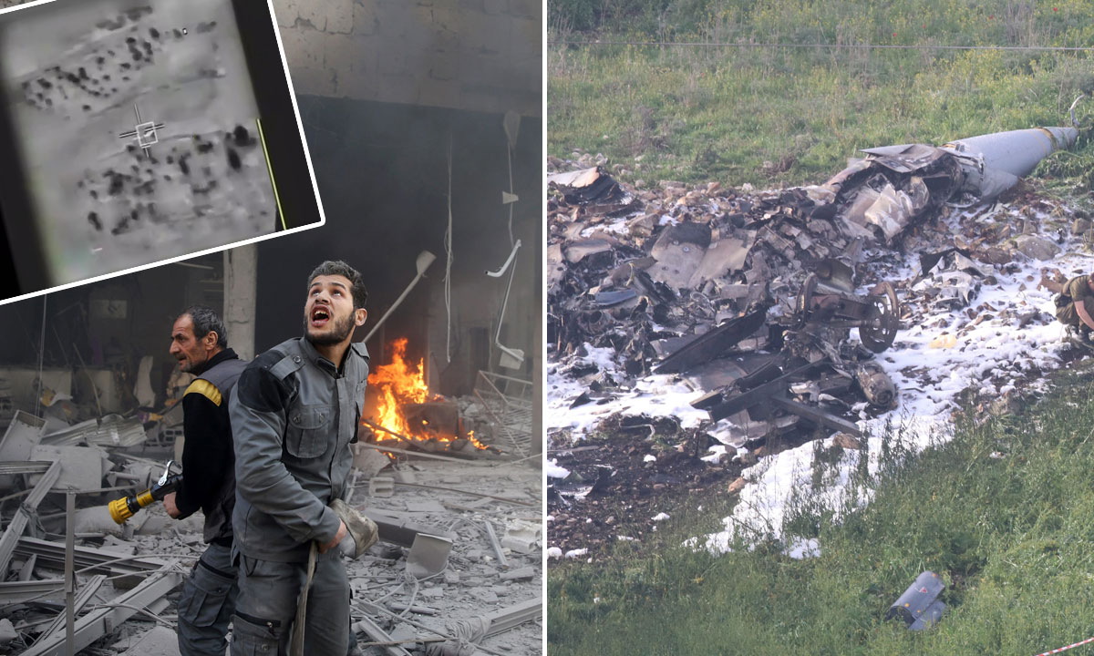 lijevo: prizor iz okolice Damaska nakon borbi prije nekoliko dana, u koje nisu bile uključene izraelske snage; gore lijevo: prizor obaranja drona za koji Izrael tvrdi da je iranski; desno: ostaci oborenog izraelskog borbenog aviona F-16