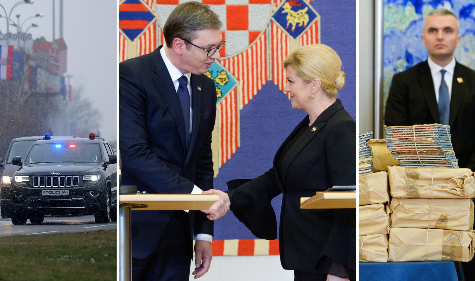 Kolona automobila u kojoj je bilo vozilo s Vučićem, potom Aleksandar Vučić i Kolinda Grabar Kitarović i dokumenti iz Dvora na Uni koje Vučić donio iz Srbije