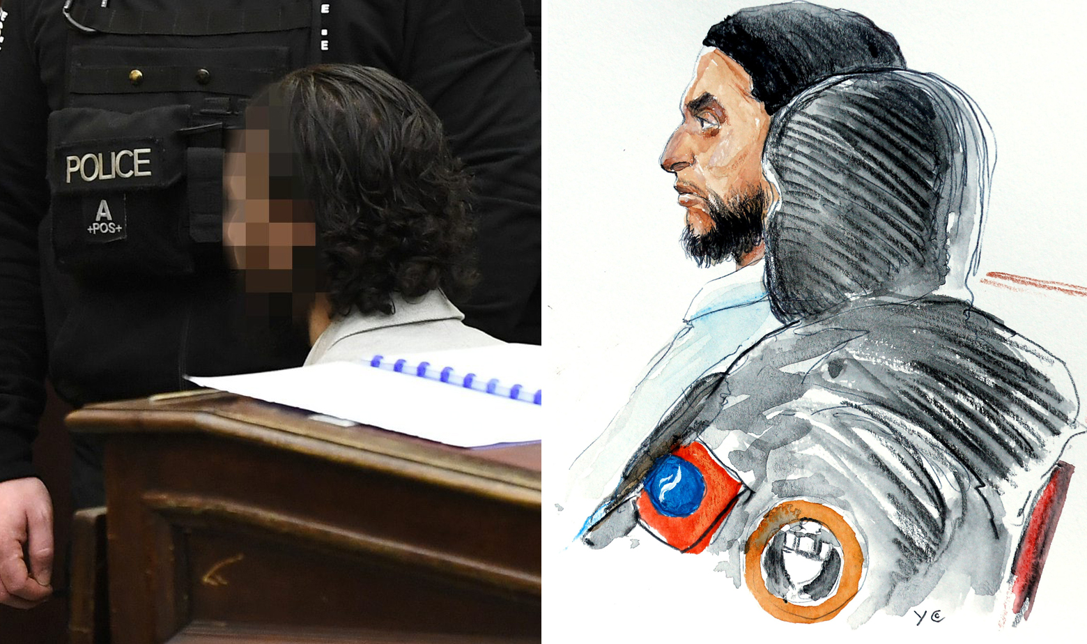Salah Abdeslam na sudu i crtež Abdeslama iz sudnice