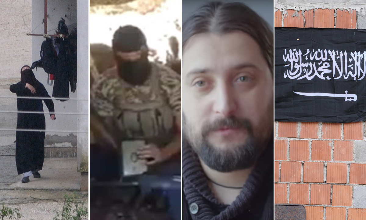 S lijeva na desno: Obiteljska kuća Vehabije Bilala Bosnića, borci iz BiH na sirijskom ratištu, Dino Pečenković, džihadistička zastava u Gornjoj Maoči 