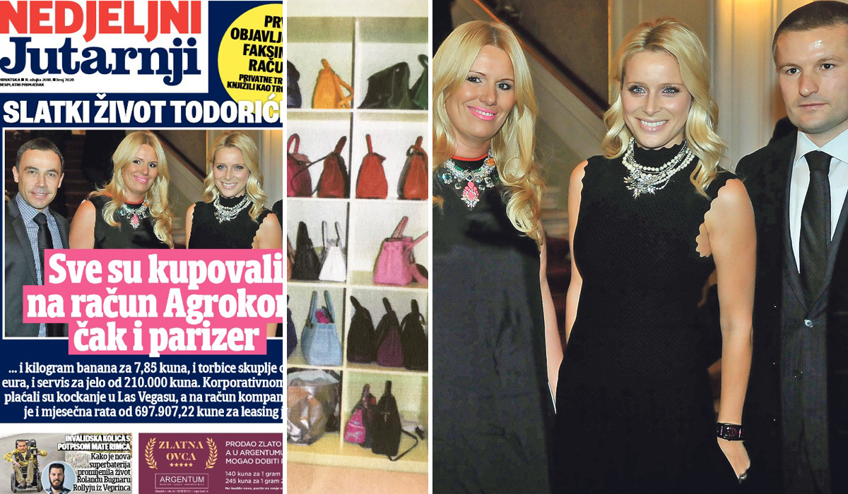 Naslovnica Nedjeljnog Jutarnjeg (lijevo), dizajnerske torbice kupovane na račun Agrokora (u sredini), Iva Balent, Martina i Ante Todorić (desno)