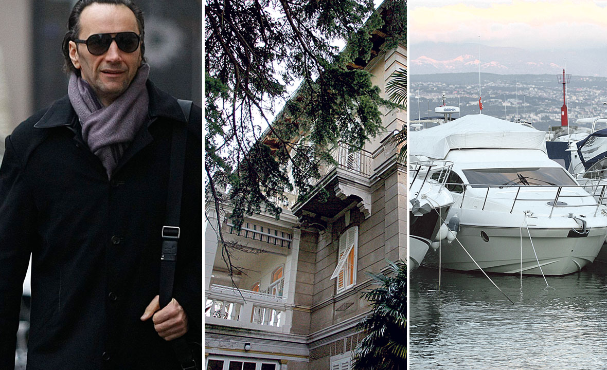 Stjepan Prnjat (lijevo), kuća u Lovranu u kojoj Prnjat ima stan u Ulici Maršala Tita 70 (u sredini), jahta Azimut u marini Ičići u vlasništvu S. Prnjata (desno)