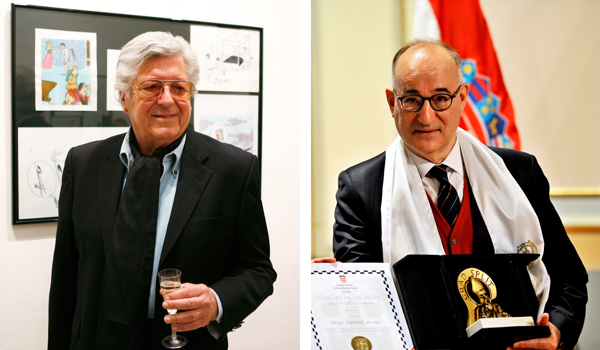 Nedavno preminuli karikaturist svjetskog glasa Davor Štambuk (lijevo) i pjesnik i diplomat Drago Štambuk
