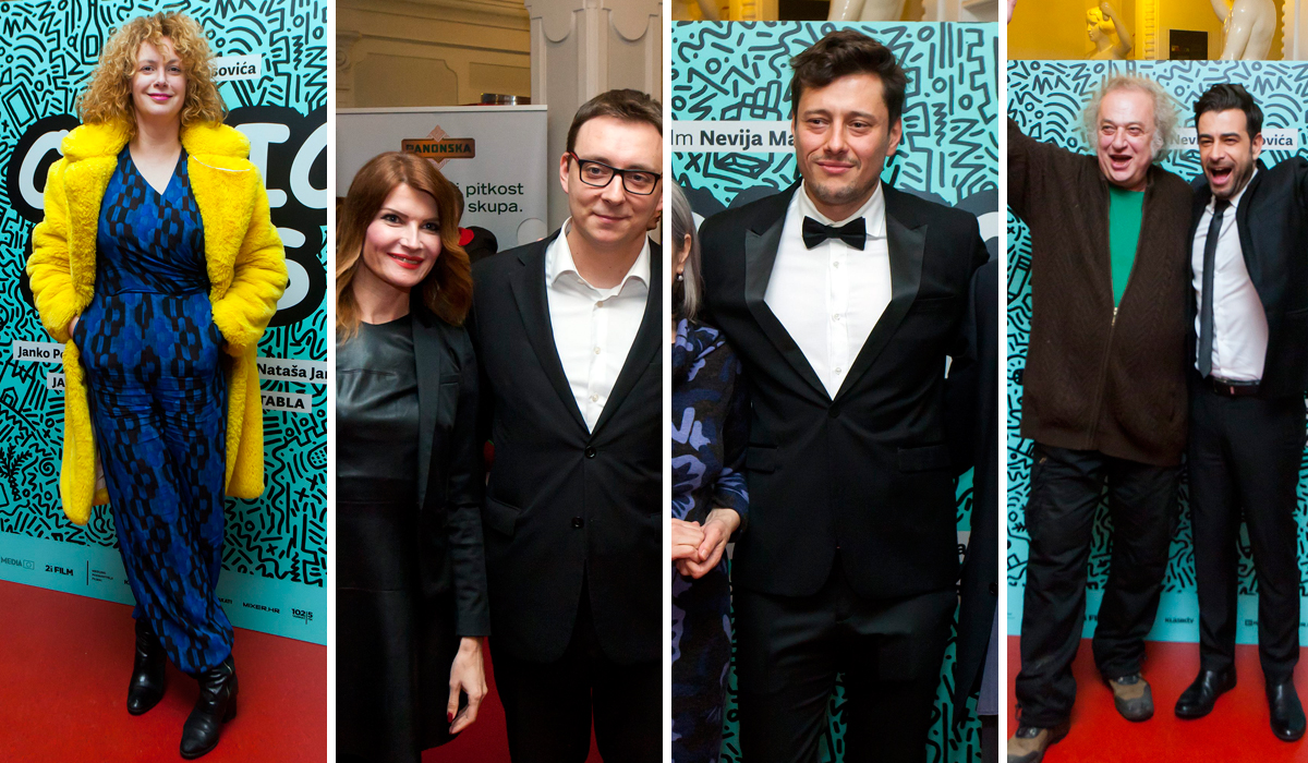Premijera filma 'Comic Sans' u Kinu Europa. S lijeva na desno: Nina Violić, Sabina Glasovac i Bojan Glavašević, Nevio Marasović, Zlatko Burić i Janko Volarić Popović
