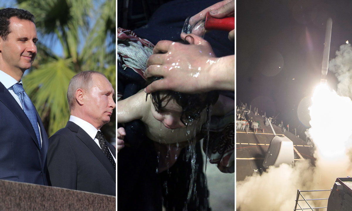 lijevo: Bašar al-Asad i Vladimir Putin; u sredini: žrtva kemijskog napada; desno: lansiranje navođenog projektila u travnju prošle godine, kada je Amerika izvela napad na sirijsku vojnu bazu