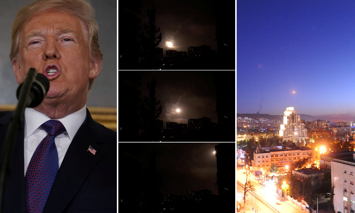 lijevo: Donald Trump tijekom obraćanja naciji; u sredini: djelovanje sirijske protuzračne obrane u Damasku; desno: projektil nad Damaskom