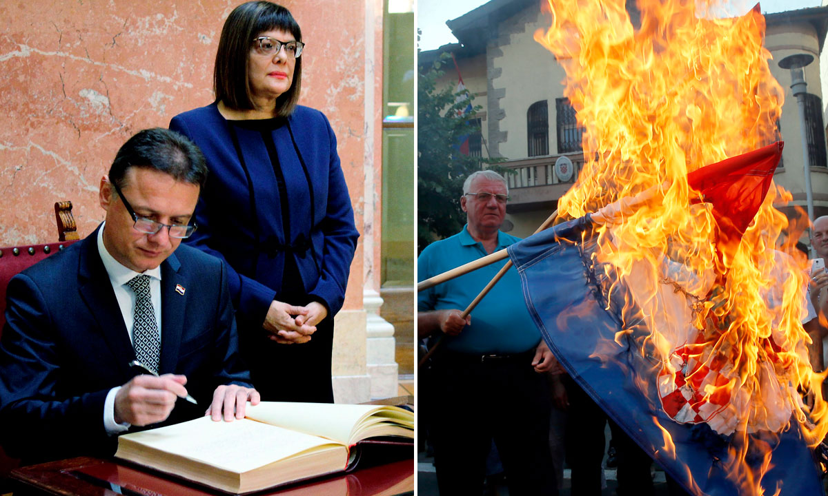 lijevo: Gordan Jandroković s Majom Gojković u Beogradu; desno: Vojislav Šešelj pali hrvatsku zastavu (arhivska fotografija)