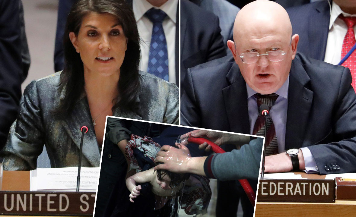 Nikki Haley (lijevo), Vasilij Nebenzija (desno), žrtva napada (u sredini dolje)