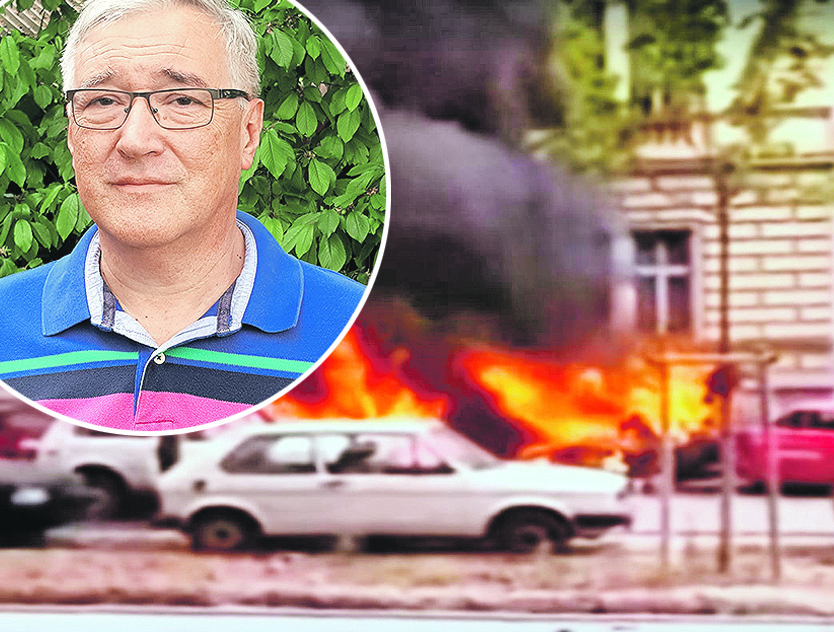 U krugu: kirurg Žarko Rašić, na fotografiji: prizor iz Zagreba prije 23 godine kada su pobunjeni Srbi raketirali grad