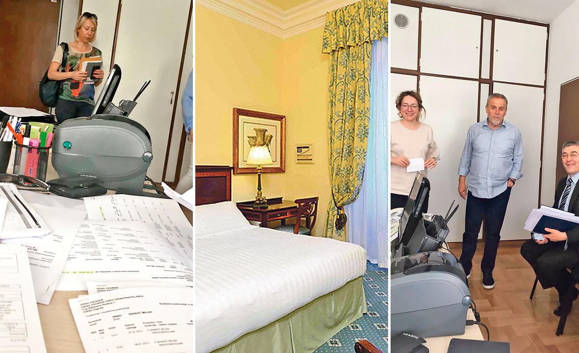 U trenutku kada su novinari pregledavali Bandićeve putne naloge, u prostoriju je ušla policajka u civilu koja je rekla: “Došla sam po dokumentaciju gospođe Šimić (lijevo) soba hotela InterContinental de la Ville Roma (u sredini), Milan Bandić sa suradnicima (desno)