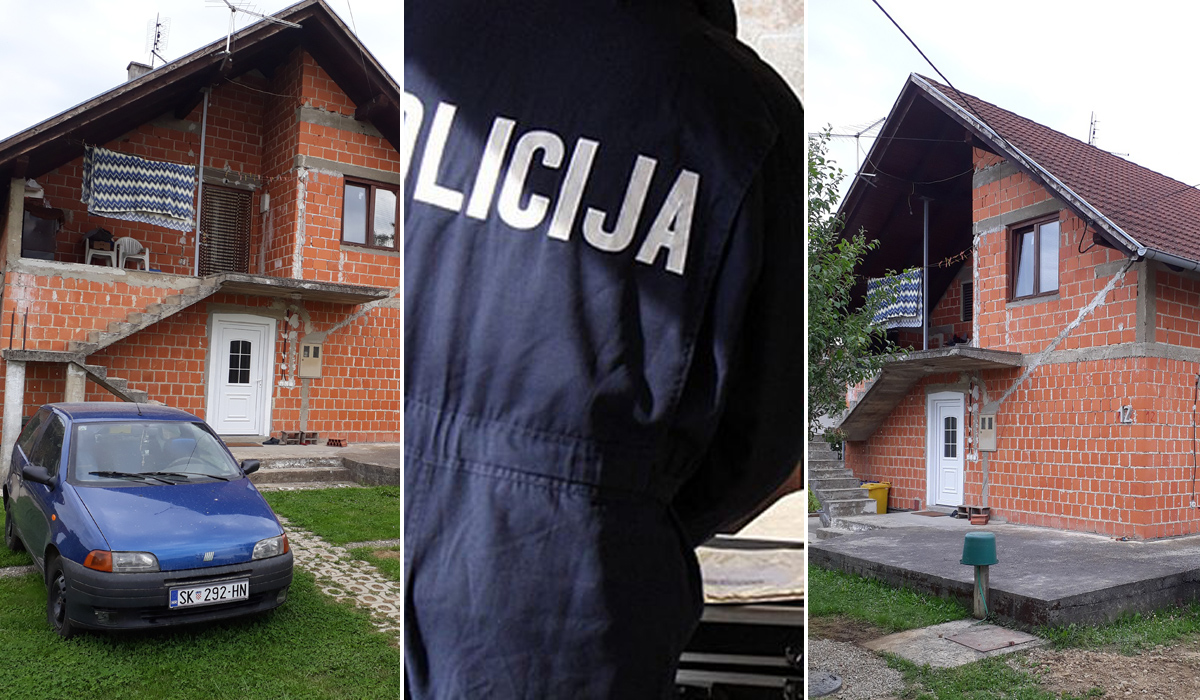 Kuća u kojoj je 45-godišnji Petrinjac D.B. ubio svoju nevjenčanu suprugu. Fotografija policajca u sredini je ilustracija
