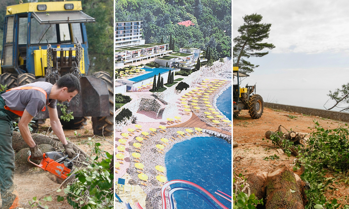 Radnici čiste teren (lijevo i desno), simulacija budućeg izgleda resorta (sredina)