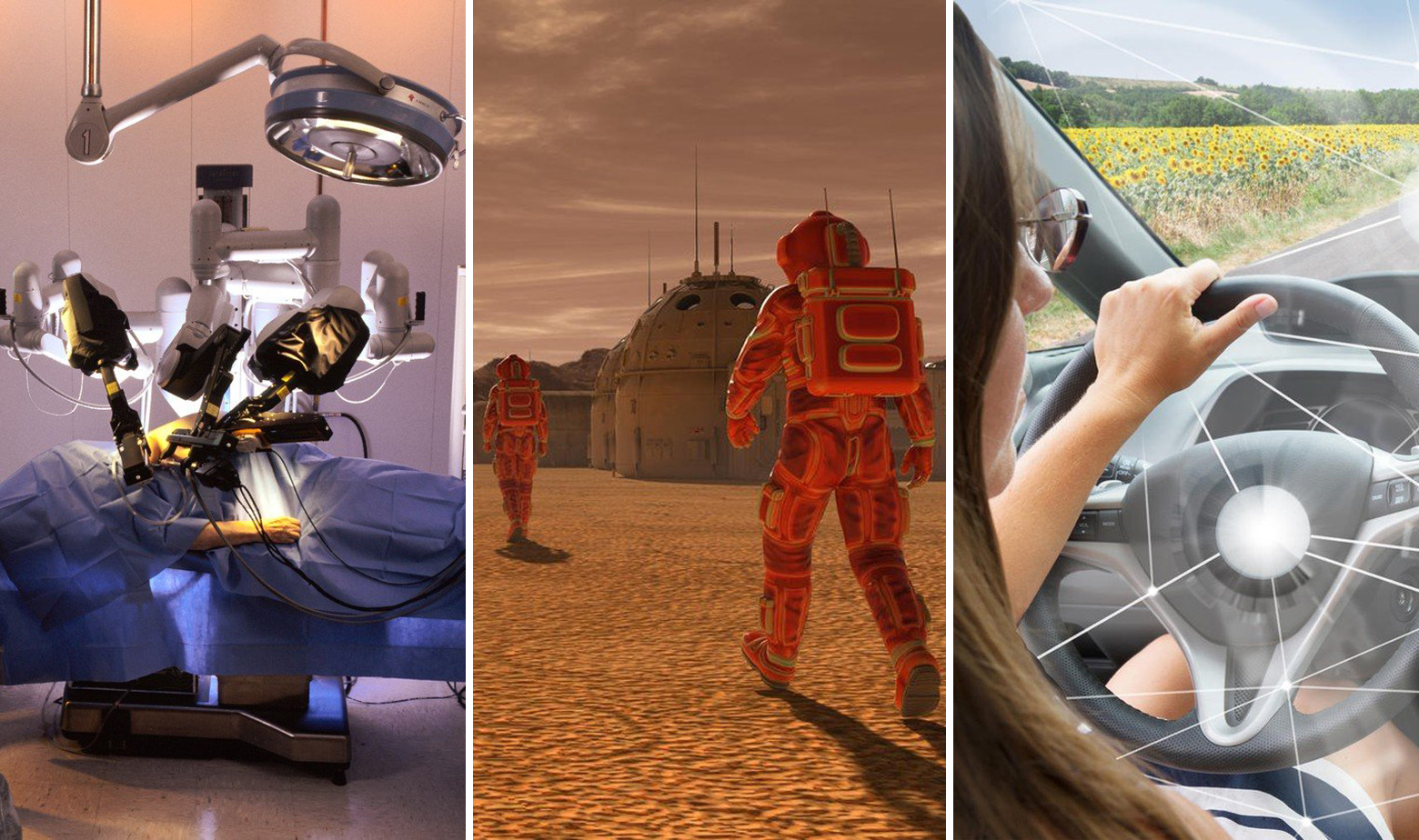 Ilustracija: Roboti operiraju, kolonija na Marsu, samovozeći automobil