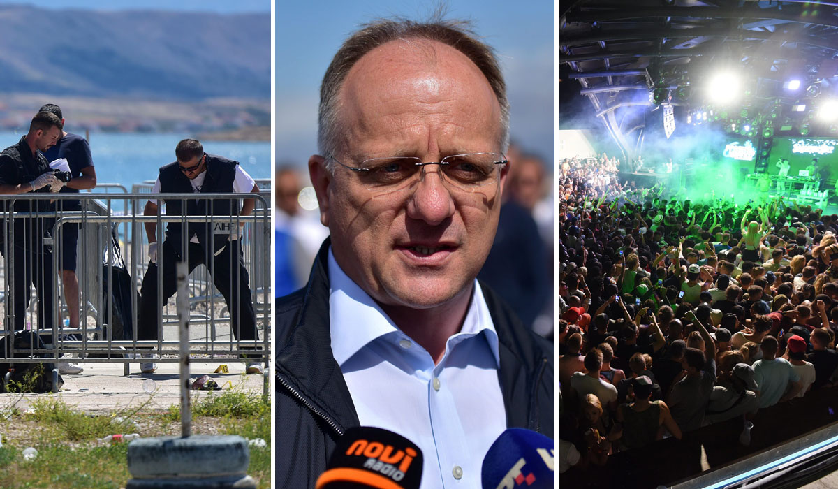 S lijeva na desno: Očevid policije nakon ubojstva na Zrću; gradonačelnik Novalje Ante Dabo; tulum na Zrću