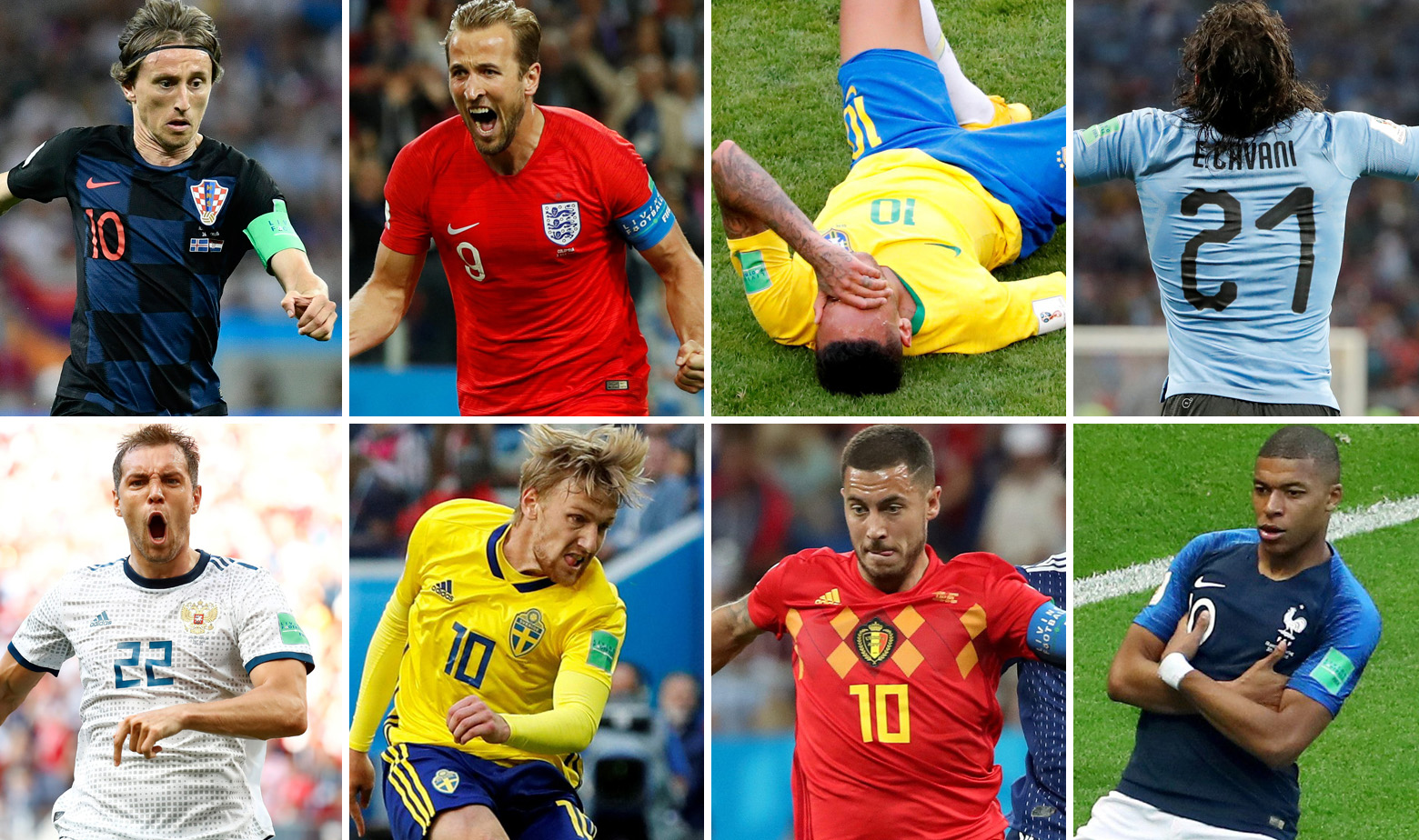 Gore: Luka Modrić, Harry Kane, Neymar i Edinson Cavani Dolje: Artem Dzyuba, Emil Forsberg, Eden Hazard i Kylian Mbappe