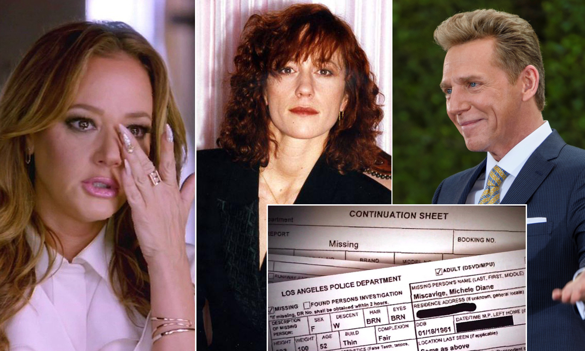 Na fotografiji: Leah Remini, Shelly Miscavige i David Miscavige; u sredini: skenirana prijava nestale osobe