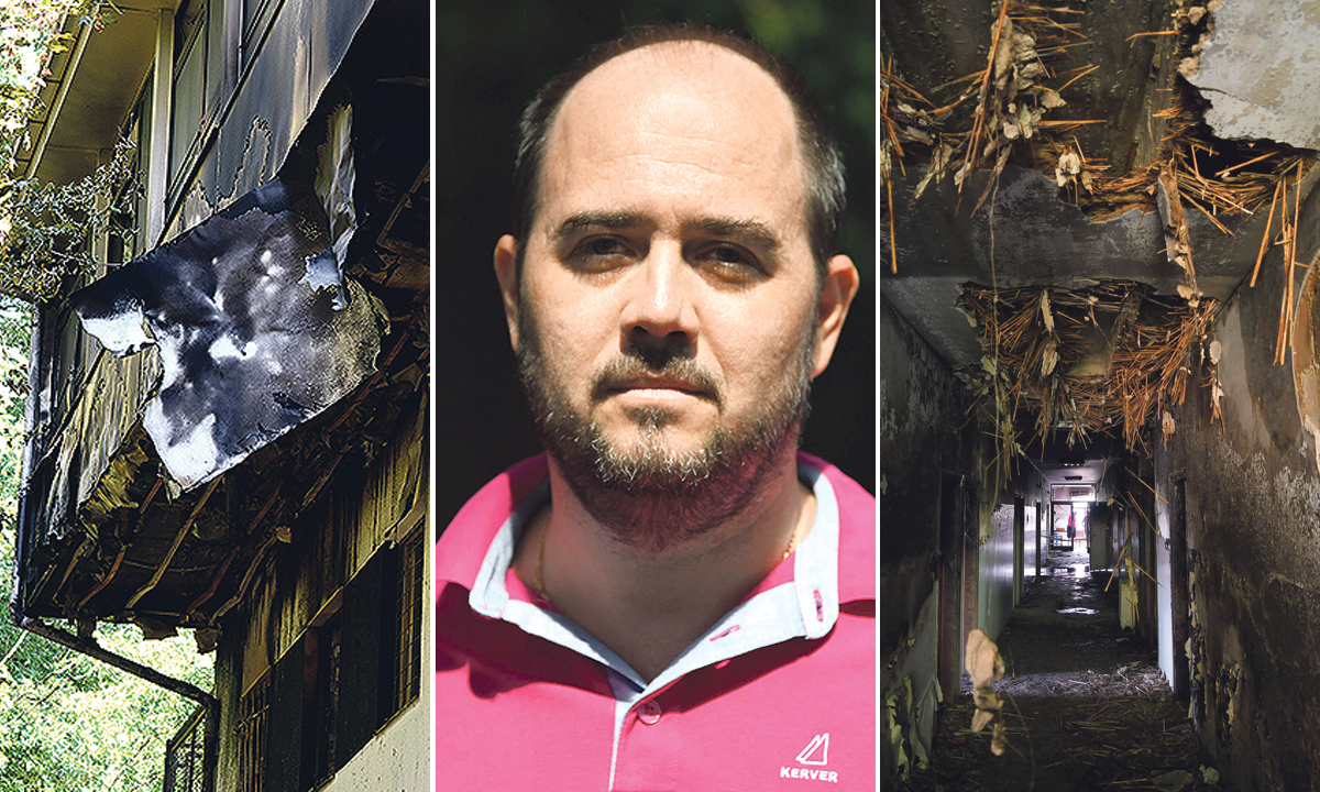 Neven Ivanović, ravnatelj Psihijatrijske bolnica Lopača (u sredini) i prizori izgorene bolnice