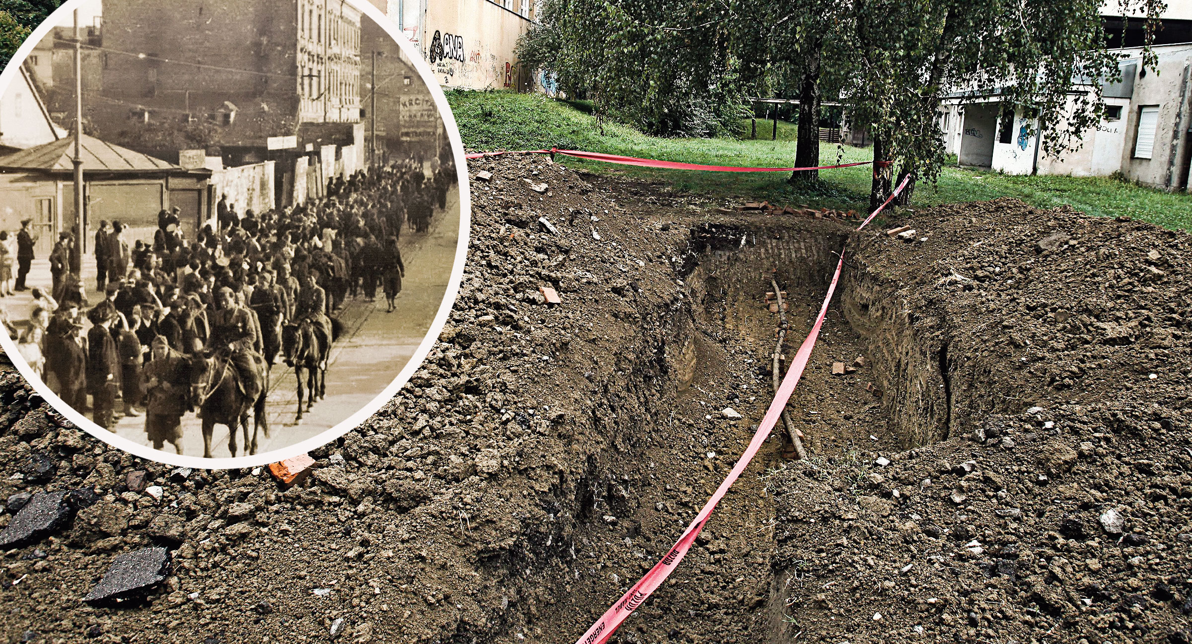 Ulazak partizana u Zagreb 1945. (u krugu), grobnica ispred Pedagoške akademije (desno)