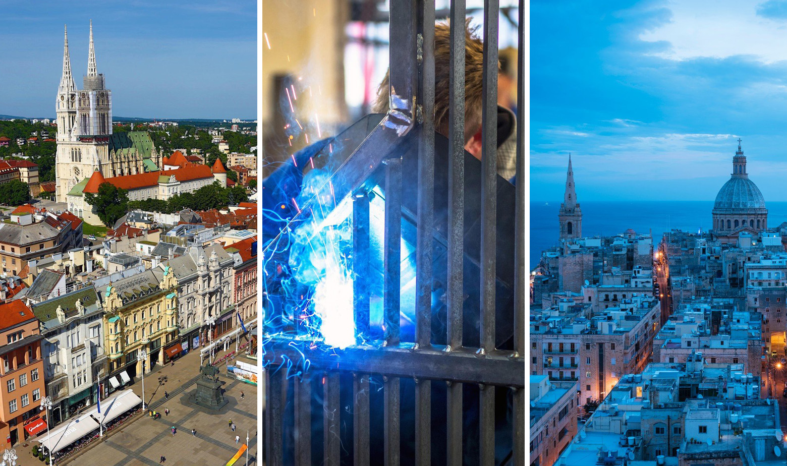 Zagreb, ilustracija radnika u industriji i Valletta, Malta