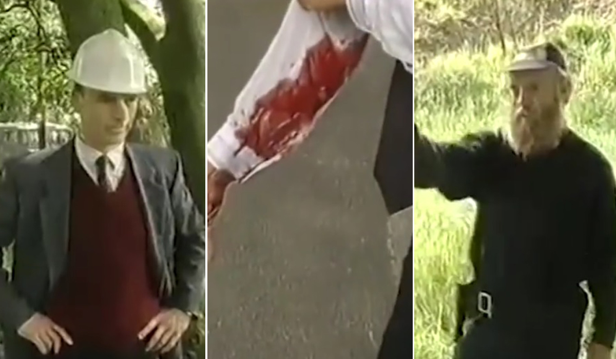 Lijevo: Harry Collinson trenutak prije nego je ubijen. U sredini: Novinar Tony Belmont pokazuje ranu koju je zadobio. Desno: Ubojica Albert Dryden