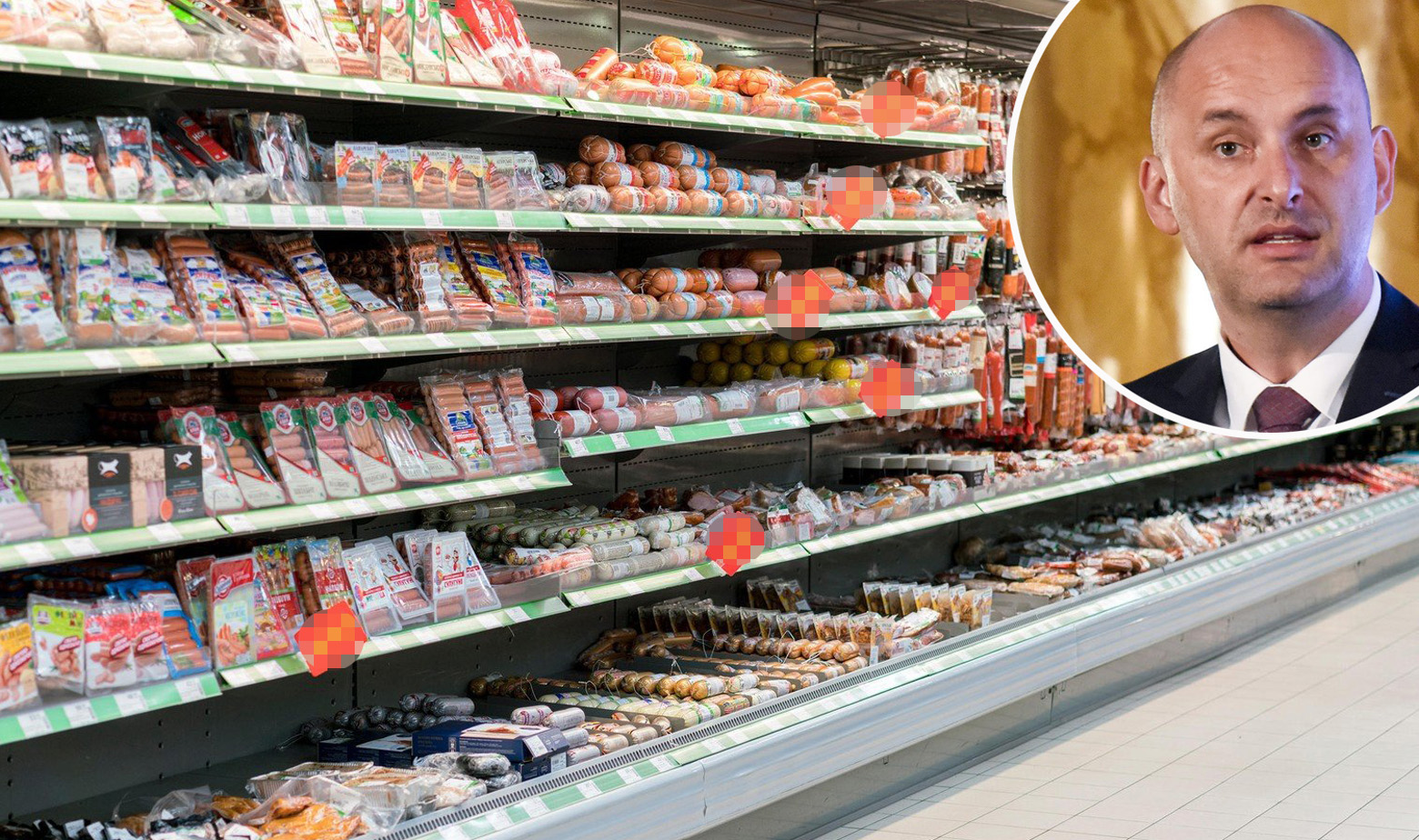 Ilustracija supermarketa i ministar Tolušić u krugu
