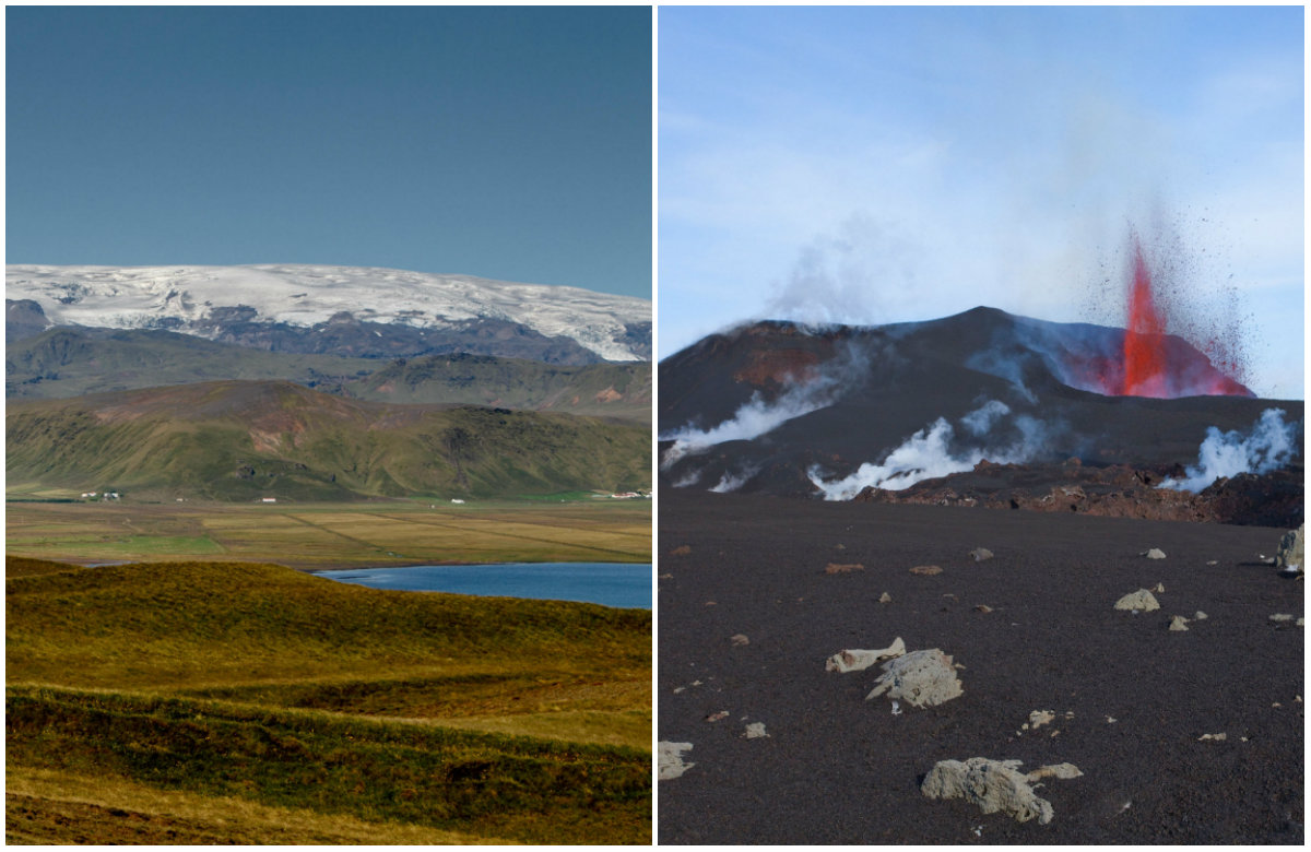 Island, planina Katla, erupcija vulkana, ilustracija.