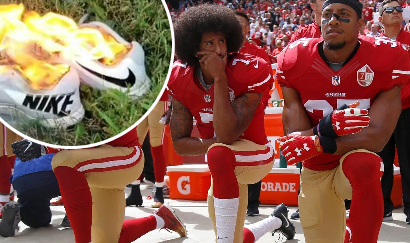 Colin Kaepernick i Eli Harold kleče tijekom američke himne, zapaljene Nikeove tenisice u krugu