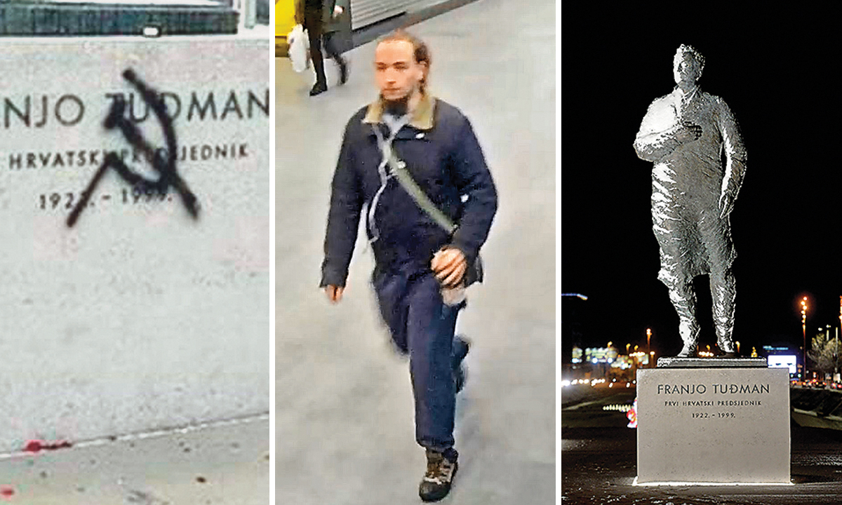 Išarani dio postolja (L); osumnjičeni Filip D. (S); spomenik Tuđmanu (D)