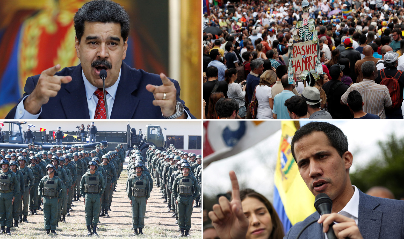 Lijevo: Nicholas Maduro i vojnici; desno: Pristaše opozicije i Juan Guaido