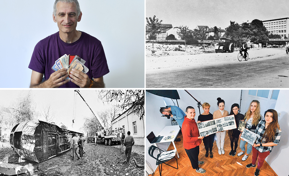 Vanja Radovanović (gore lijevo), gradnja perona Samoborčeka u Adžijinoj ulici (gore desno), prevrnuti Samoborček (dolje lijevo)