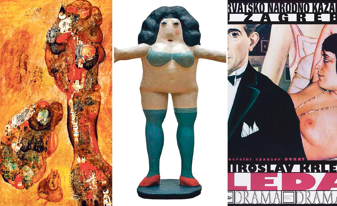 Rad Ordana Petlevskog (lijevo), Zvonimir Lončarić: “Žena u plavim čarapama” (u sredini) i plakat za predstavu 'Leda' u HNK Zagreb