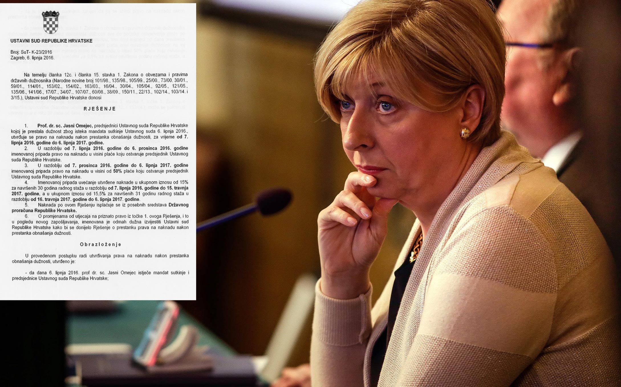Jasna Omejec (desno), prva stranica spornog rješenja o naknadama koje je Omejec sebi potpisala (lijevo)