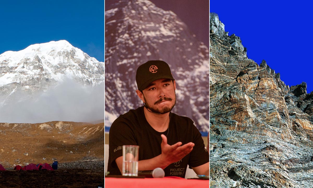Mount Everest (lijevo), Nirmal Purja (u sredini), Shishapangma (desno)